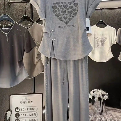 Bat Sleeve Summer Round Neck Fashionable Design Slit Slimming Top Long Pants Set Women's Casual Sports Two-piece Set Outfits
