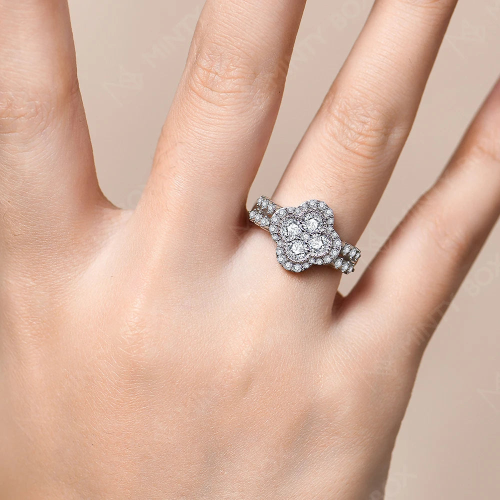 MINTYBOX モアサナイト 18k ホワイトゴールドメッキ ダイヤモンドリング レディース S925 スターリングシルバー 婚約 結婚式 ファインジュエリー 四つ葉