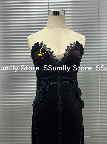 Summer Gothic Grunge Y2k Lace Dress Women Dark Academia Sexy Slim Party Dresses Korean Fashion Design Festival Long Prom Dress