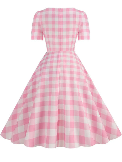 Green Plaid Swing Party Dresses Women Elegant Vintage Square Collar Short Sleeve Casual Summer Dress