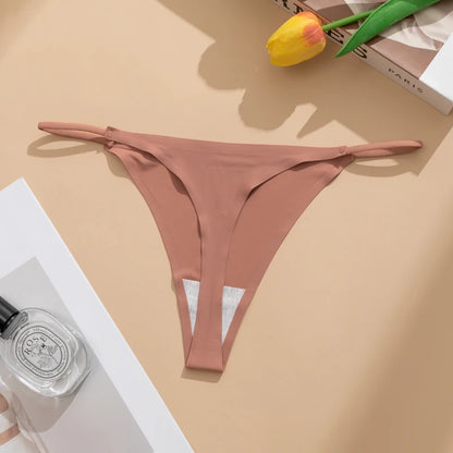 Women's Sexy Lightweight Ice Silk Seamless Knit Thong with Thin Straps - No Show Panty Underwear Lingerie Intimate Apparel