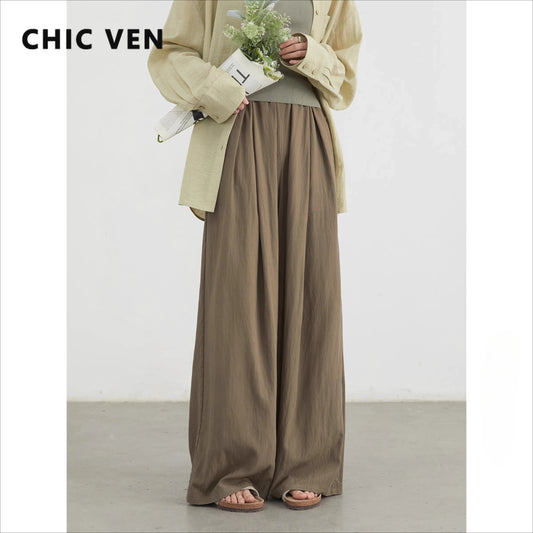 CHIC VEN レディースパンツ 無地 伸縮性ウエスト ゆったり ハイウエスト カジュアル 女性用 トラウザー ロング ワイドレッグパンツ 春夏 2025