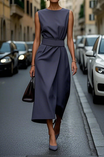 Causal High Waist Slim Maxi Dress Elegant O-neck Sleeveless Draped Long Dress Office Fashion Commuting Solid Party Dresses Women