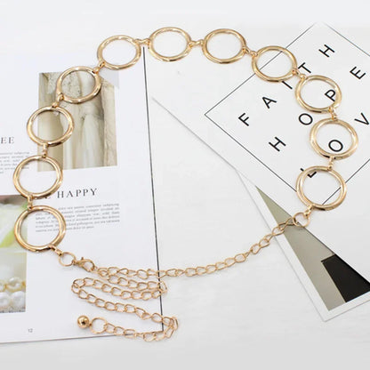 Simple Alloy Large Round Ring Waist Belt Fringes Ring Waist Chain Women Circle Metal Chain Belt Geometric Long Hollow Waistband