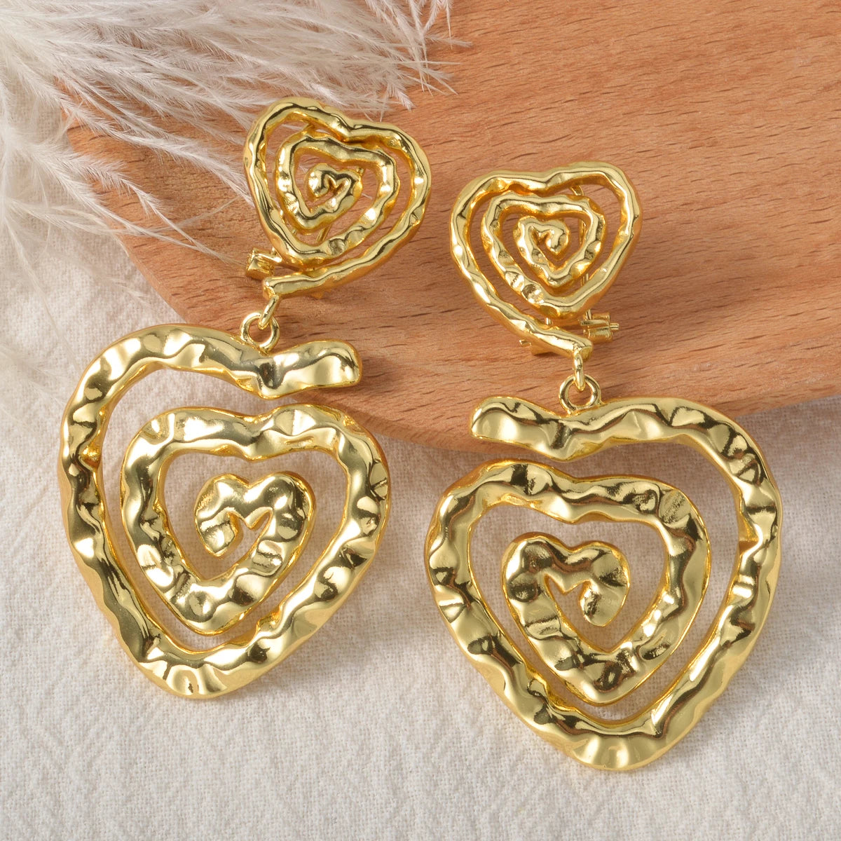 Gold Plated Hammered Heart/Round Spiral Drop Earrings Double Layer Statement Dangle Jewelry For Women Bohemian Vintage Style