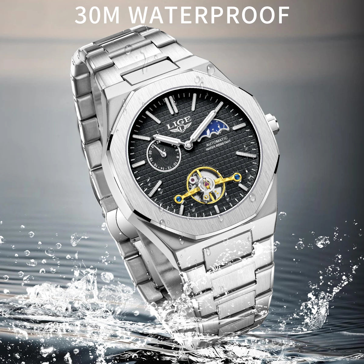 2025 LIGE New Luxury Tourbillon Mechanical Watches For Men Multifunctional Chronograph Moon phase Automatic Date Week Wristwatch