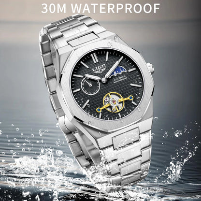 2025 LIGE New Luxury Tourbillon Mechanical Watches For Men Multifunctional Chronograph Moon phase Automatic Date Week Wristwatch
