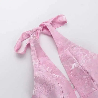 Giyu Club Evening Party Dresses Women 2025 Summer Sexy Bow Halter Long Dress Elegant Jacquard Lace Up Backless Birthday Robe