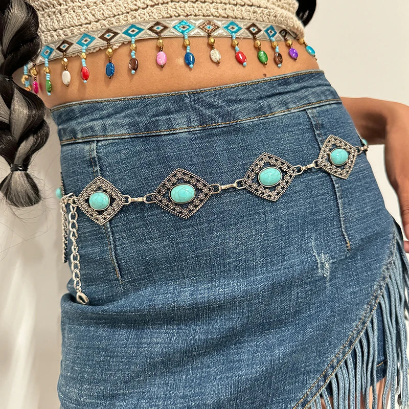 Fashion Silver Bohemian female circular waist chain luxury blue gemstone Ellipse chain belts for women suitable for Skirts dress
