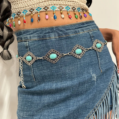 Fashion Silver Bohemian female circular waist chain luxury blue gemstone Ellipse chain belts for women suitable for Skirts dress