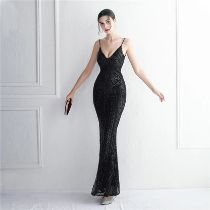 Women's Black Long Sleeve Padded Strap Sequin Dress Length, Sparkles Stretch, V Neck Mermaid, Formal Evening Dress, Night Party