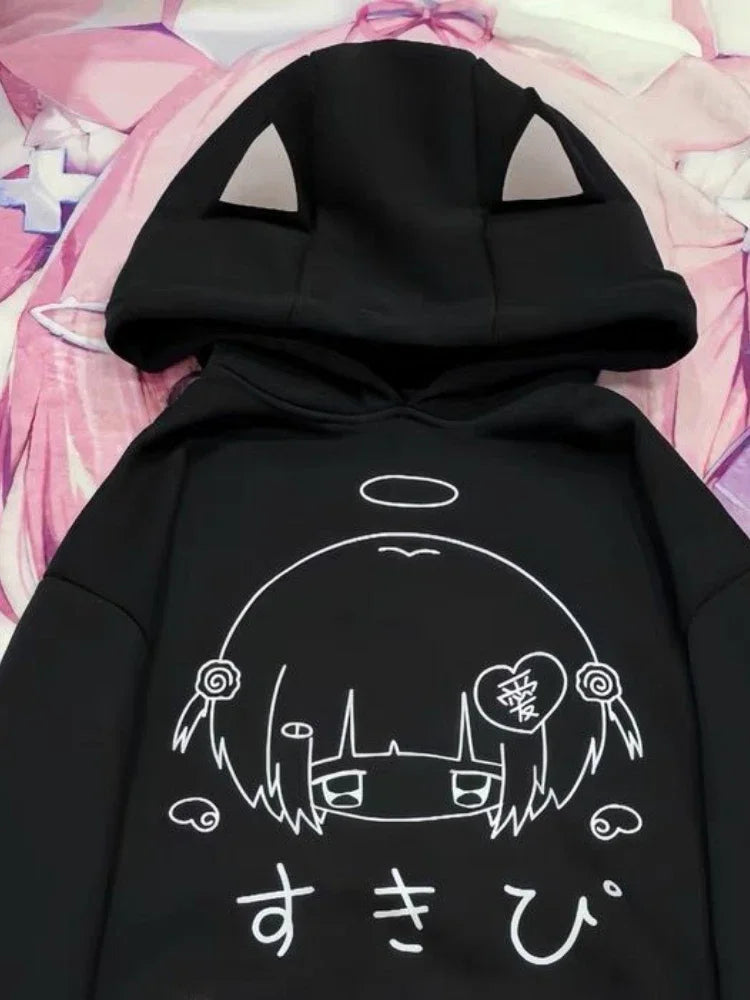 日本の漫画プリントフリースパーカー レディース 原宿ゴシック 猫耳 フード付き ヴィンテージ パーカー ストリートウェア Y2K 美的 スウェットシャツ