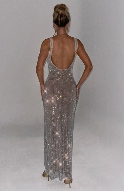 Mozision Sequins Backless Sexy Maxi Dress For Women Gown Fashion Sparkle Square Collar Sleeveless Bodycon Club Long Dress