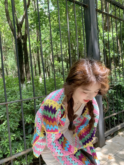 SALIENCY Colorful Crochet Knit Hollow Cardigan Sweater Jacket Women Spring Top Loose Short Knitwear