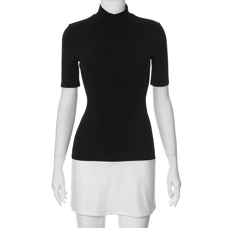 Summer 2025 Turtleneck Half Sleeve Mini Dresses French Style Fashion Elegant Black And White Patchwork Bodycon Dress