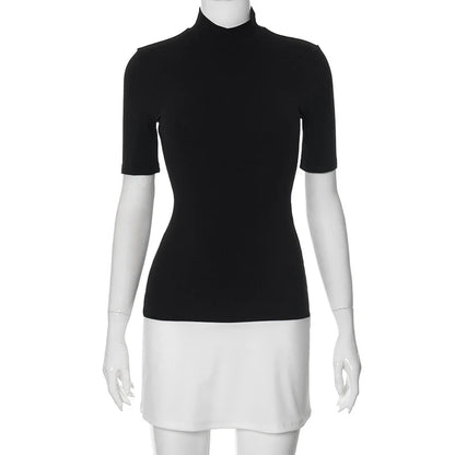 Summer 2025 Turtleneck Half Sleeve Mini Dresses French Style Fashion Elegant Black And White Patchwork Bodycon Dress
