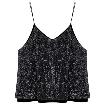 Women's Loose Casual Sequined Camisole Vest V Neck Shiny Sexy Sparkling Basic Top Fashionable Versatile Summer Top