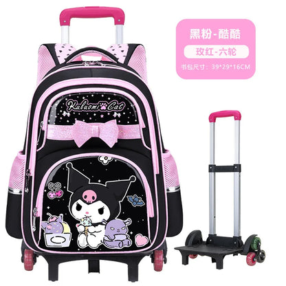 New Kuromi Trolley School Bag Melody Girls Trolley Bag Stationery Storage 2 Wheels/6 Wheels Telescopic Folding Climbing Floors
