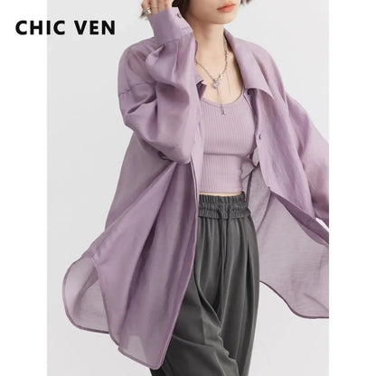 CHIC VEN Women Thin Shirt Long Sleeve Casual Loose Slightly Transparent Cool Blouses Woman Solid Design Female Top Summer 2024