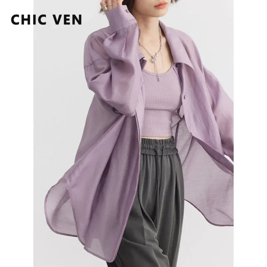 CHIC VEN Women Thin Shirt Long Sleeve Casual Loose Slightly Transparent Cool Blouses Woman Solid Design Female Top Summer 2024
