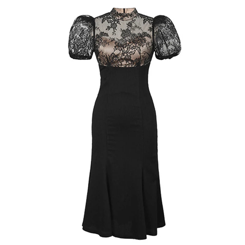 Elegant Style Long Dress Women Retro Chic Sexy Black Sheer Lace Spliced High Waist Fishtail Robe Femme Party Prom Vestidos Mujer