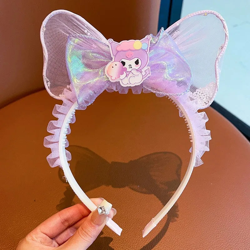 Kawaii Sanrio Kuromi Children Headband Hello Kitty Melody Cinnamoroll Cartoon Bow Shiny Hairband Hair Accessories Christmas Gift