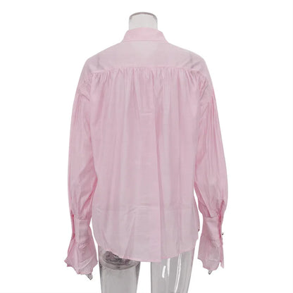 Bornladies Autumn Women's Fashionable Loose Collared Shirt Office Lady Solid Color Versatile Flare sleeve Top Long Sleeved Shirt