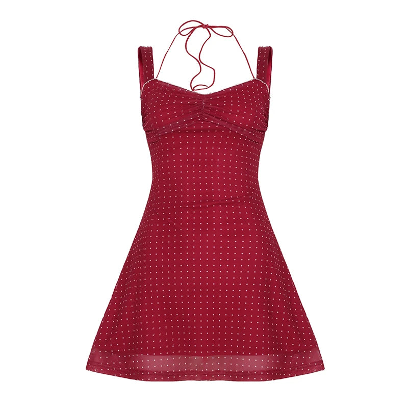 SUCHCUTE Elegant Polka Dot Print Backless Party Dresses Women Causal Sleeveless Beach Dress Vestidos Summer Sundress Sexy Robe
