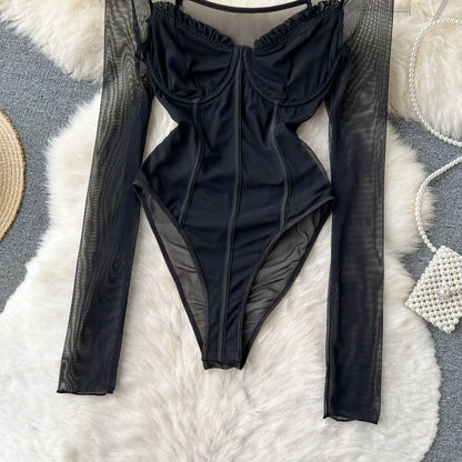 Women Sexy Mesh V Neck Slim Bodysuit Chic Long Sleeve Fashion Elastic Bodycone Jumpsuits Spring Autumn Hotsweet Gothic Playsuits