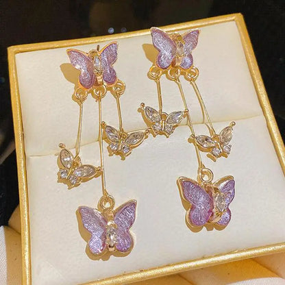 925 Silver Needle Purple Butterfly Long Tassel Earrings For Women Jewelry 2025 Trending Korean Fashion Luxury Crystal Earrings
