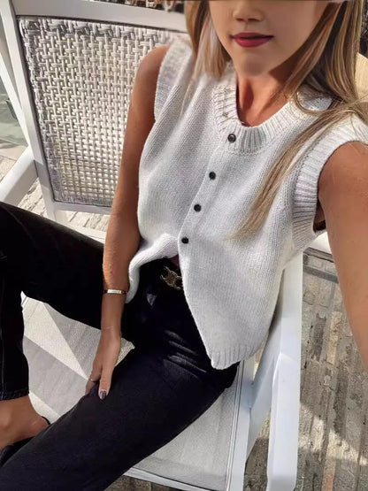 2025 Autumn Fashion Knitted Vests Top For Women Casual Single-Breasted Knitwear Cardigan Tanks Female Solid Sleeveless Sweaters