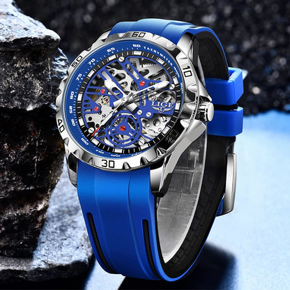 LIGE Top Brand Luxury Mechanical Tourbillon Watch Fashion Business Sport Waterproof Luminous Silicone Skeleton Automatic Watches