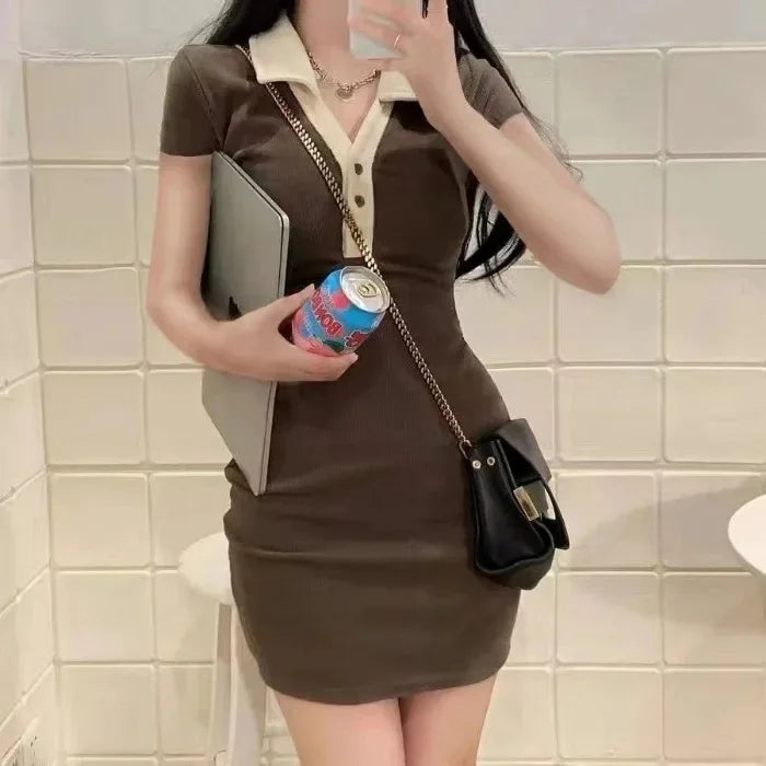 セクシースリムフィット長袖ポロネックミニスカートワンピース ショート丈 ポリエステル繊維 レディースファッション 春秋 韓国風
