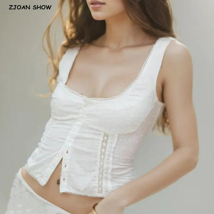 2025 Summer Plain White 3D Dot Sleeveless Tank Women Open Buttons Slim fit Elastic Back Tank Top Crop Tops