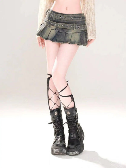 Black Gothic Mini Skirt Woman Y2K Korean Fashion High Street Aesthetic Elegant Retro A-line Mini Denim Skirt Outfits 2025