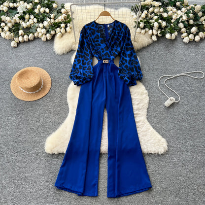 SINGREINY Autumn Leopard Long Jumpsuits V Neck Long Sleeves Belt Wide Legs Pants Women American Retro Senior Office Lady Rompers