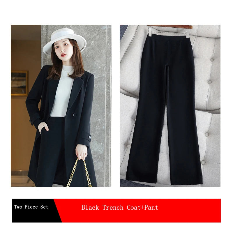 2022 Winter High-end Women's Business Suit Pants Two-piece Set Temperament Slim Solid Color Lady Double Breasted Trench Coat