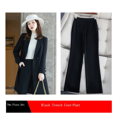 2022 Winter High-end Women's Business Suit Pants Two-piece Set Temperament Slim Solid Color Lady Double Breasted Trench Coat