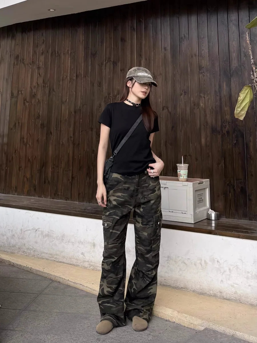 アメリカンレトロ カモフラージュ ゆったりストレートレッグ ワークパンツ レディース ストリートデザイン センセーション デニム ハイストリート ロングジーンズ