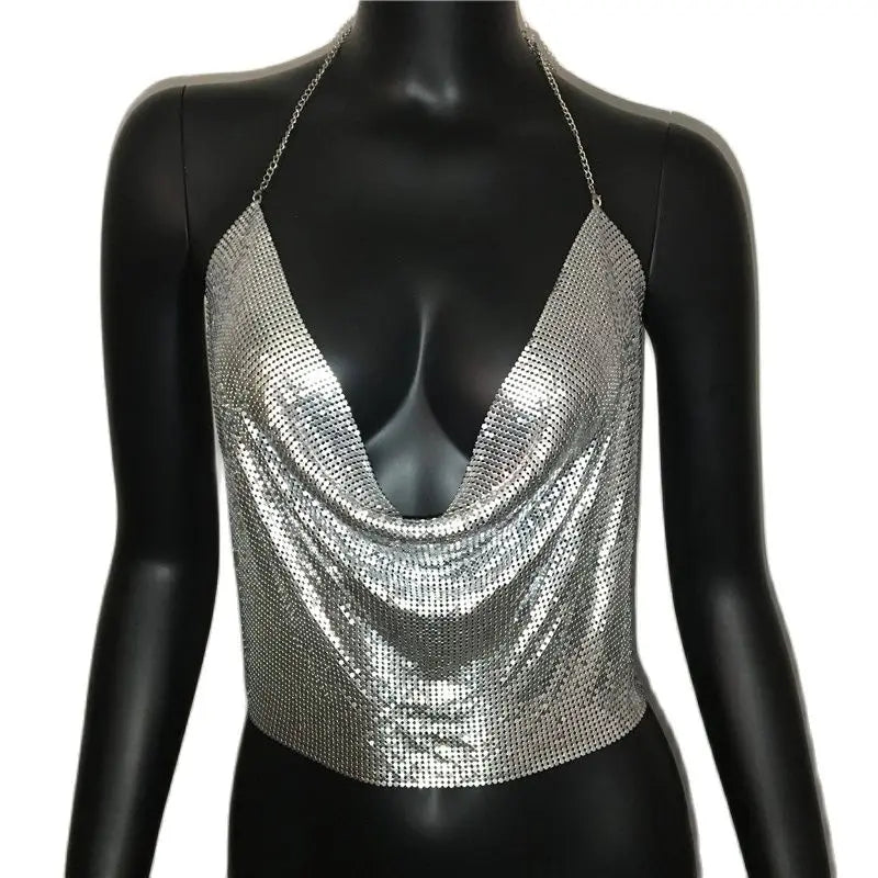 Festival Brilliant Rhinestone Backless Party Crop Top Women 2022 Summer Glitter Evening V Neck Diamonds Metal Tank Tops