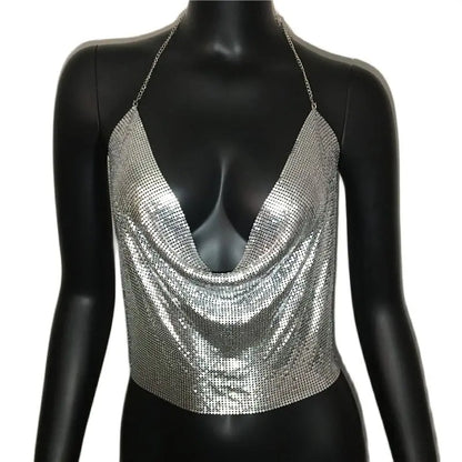Festival Brilliant Rhinestone Backless Party Crop Top Women 2022 Summer Glitter Evening V Neck Diamonds Metal Tank Tops