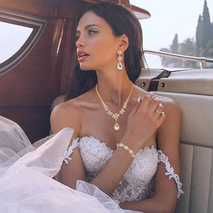 Florideco Rhinestone Bridal Jewelry Set Necklace Bracelet Earrings for Brides Bridesmaid Teardrop Pendants for Wedding Prom