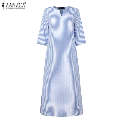 2025 Autumn Striped Dresses ZANZEA Fashion Women V Neck Long Sleeve Work Dress Elegant Office OL Sundress Maxi Long Vestido Robe