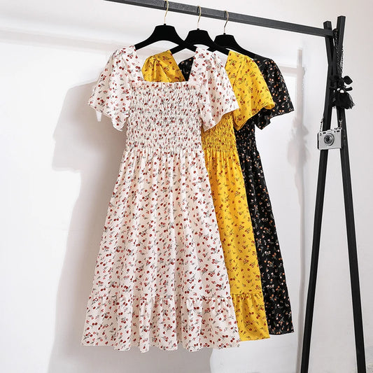 Summer Autumn Fashion Female Short Sleeve Elastic Waist Printed Floral A-line Midi Dress Women Chiffon Dresses Casual Dress