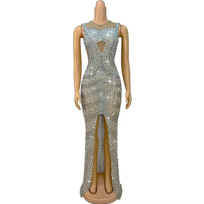 Shuanggouqun Sleeveless Tight Sexy Full Diamond Pearl Split Long Dresses Women Birthday Party Dinner Bar DJ Performance Costume