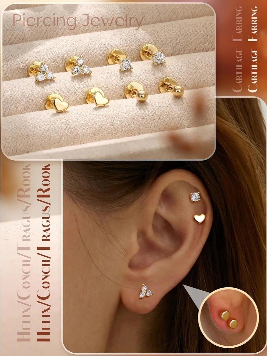 FASACCO Flat Back Stainless Steel Stud Earrings for Women 14K Gold-plated Cartilage Earring Helix Conch Tragus Piercing Jewelry