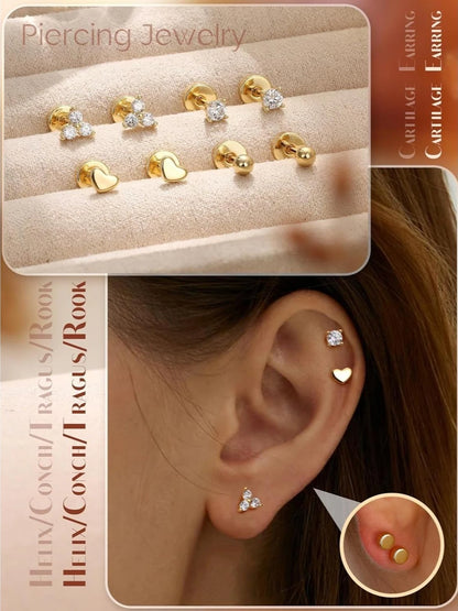 FASACCO Flat Back Stainless Steel Stud Earrings for Women 14K Gold-plated Cartilage Earring Helix Conch Tragus Piercing Jewelry