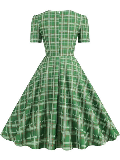 Green Plaid Swing Party Dresses Women Elegant Vintage Square Collar Short Sleeve Casual Summer Dress