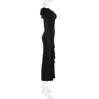 SUCHCUTE Elegant Off Shoulder Ruffles Split Long Dress Black Fashion Long Sleeve Party Dresses Women Beach Vacation Outfits 2024