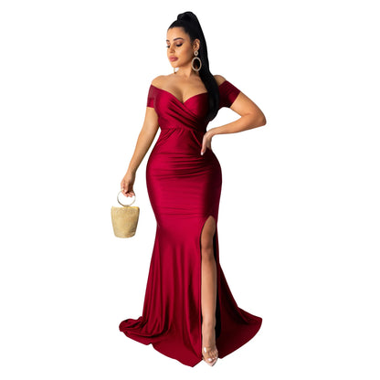 2024Sold Maxi Elegant Luxury Designer Party Dresses Women Off Shoulder Evening Dress Mermaid V-Neck Pleated Backless Long Dress